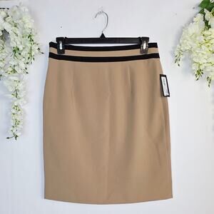 New Worthington Pencil Wrap Skirt Size 12 Tan Black Trim Stretch Career Preppy